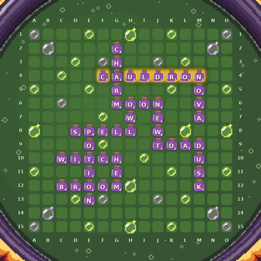 A Spellbrew board: purple potion bottles spelling CAULDRON, WITCH, POTION and more, floating in green brew inside a cauldron.