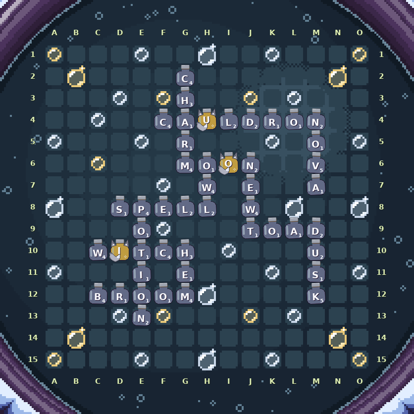 The same board under the full moon: silver potions and three golden wild potions with little wolf ears, in a midnight-blue brew with pale blue fire round the rim.
